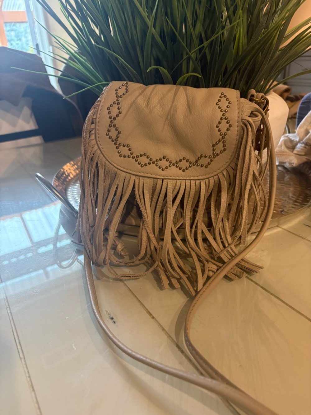 Lucky Brand Beige Fringed Crossbody with Stud Accent